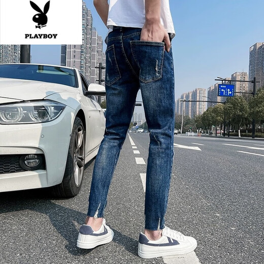 
Playboy 9-point men's ripped jeans summer thin style trendy brand slim small feet Korean style handsome summer nine-point pants [quality preferred style-A9738] 30