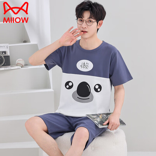猫人（MiiOW）男士睡衣夏季纯.棉短袖短裤套装薄款韩版休闲大学生卡通家居服男 Q短袖男1396小白 M 少年(60-78斤)