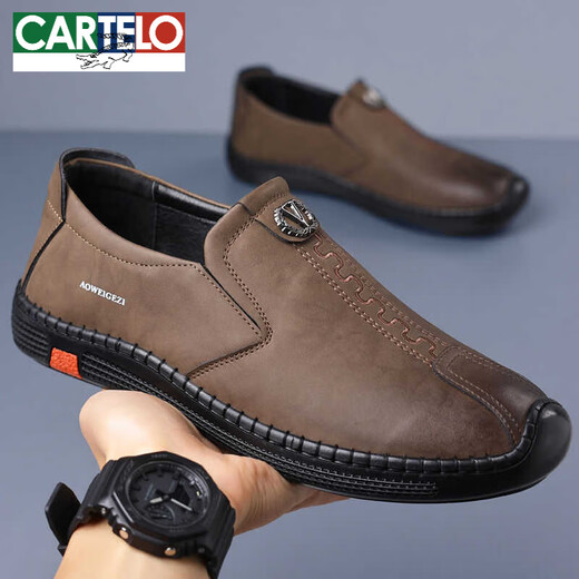 Cartelo Lederschuhe Herren 2025 Neue Business Casual Schuhe Herumn Atmungsabstimmung Herrenschuhe Weiche Kuhlattenbohnenschuhe Echtes Leder mittleren Alters Schuhe Khaki 6198 39