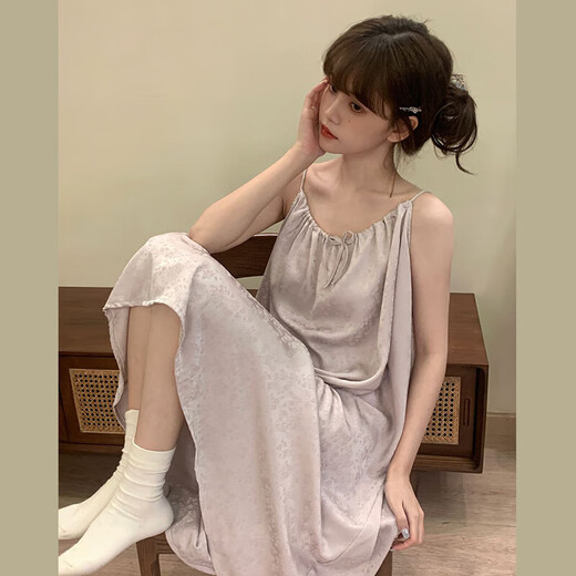 金多金2025春夏新款小清新露背甜美减龄吊带睡裙女宽松少女性感睡衣纯欲 浅紫色（9197—抽绳背心裙） 均码