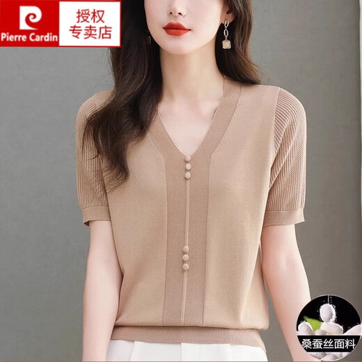 皮尔卡丹（pierre cardin）桑蚕丝短袖t恤女2025新款夏季妈妈V领遮肚上衣薄款真丝针织衫 米色【9196款】 M 【建议100-110斤穿】