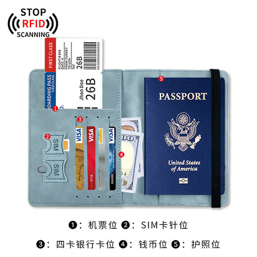 
He Jiagong Passport Bag Protection Case Anti-theft Certificate Storage Pack Passport Clip Passport RFID Travel Document Card Case RFID Anti-scanning-[Sky Blue]