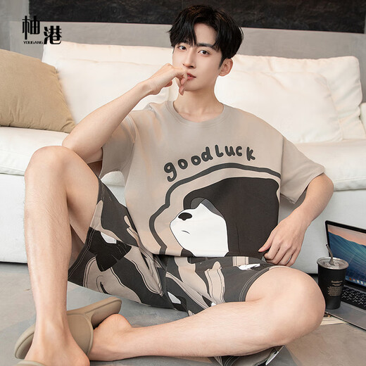 Yougang pajamas for men in summer short-sleeved pure cotton thin style for teenagers in summer can wear outside and add fat to increase the size of men's home clothes. 1503 XL (175cm recommended weight 130-155)