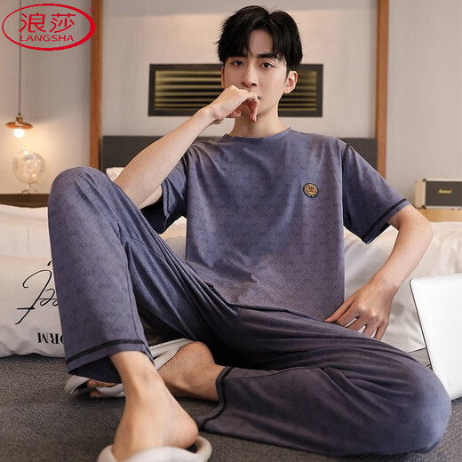 浪莎（LangSha）柔软舒适莫代尔棉睡衣男士夏季短袖长裤两件套大码家居服宽松薄款 XM9902-A莫代尔短袖长裤男 L 男100-125斤