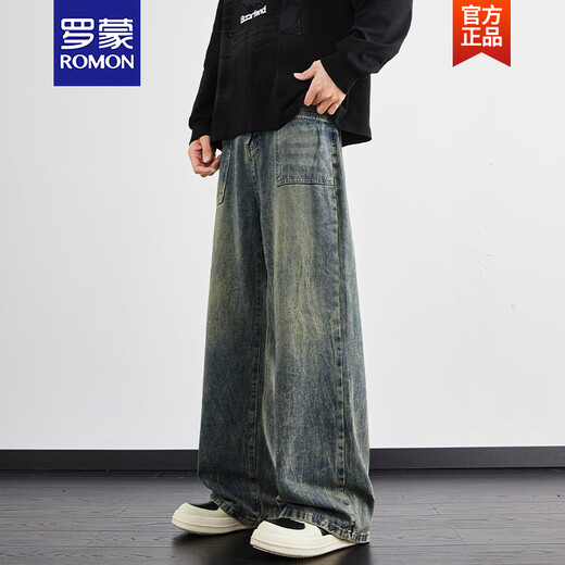 罗蒙（ROMON）闪电纹水洗牛仔裤男夏季新款复古宽松直筒阔腿裤高街美式裤子 1049黑渐变 S