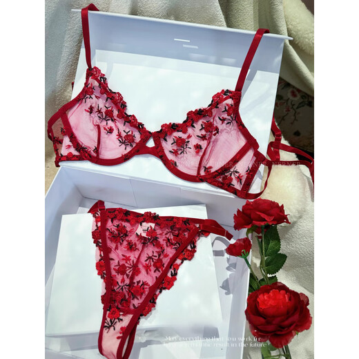 Victoria's style sexy secret tin type red apricot floral embroidery lace mesh see-through bra set sexy royal charm dark red (bra bottoms) M (75ABC)