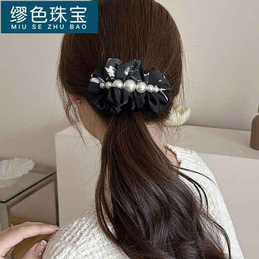缪色（MiU Se）2025年春夏新款新中式感晕染复古优雅珍珠褶皱顶夹一字弹簧夹 4839-1-黑色珍珠弹簧夹