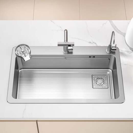 Kohler (KOHLER) SUS304 thickened brushed stainless steel home kitchen handmade sink large single tank above and below the counter silver square cover 6545 large curved faucet package D