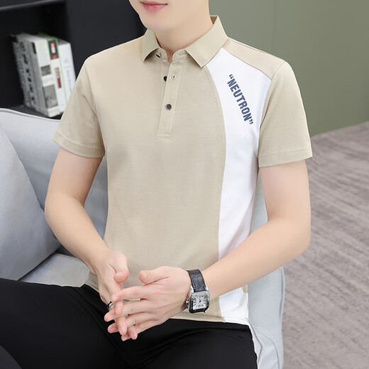 细熙无锡瑞升纺织服饰T恤夏季拼色Polo男士短袖t恤翻领新款冰丝 杏色Q733翻领短袖 2XL