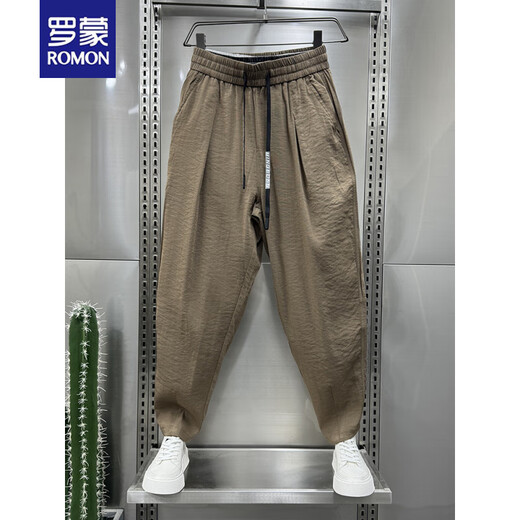罗蒙（ROMON）2025夏季新款棉麻超薄透气垂感休闲裤男士潮流宽松褶皱哈伦萝卜裤 黑色 4XL 建议190210斤