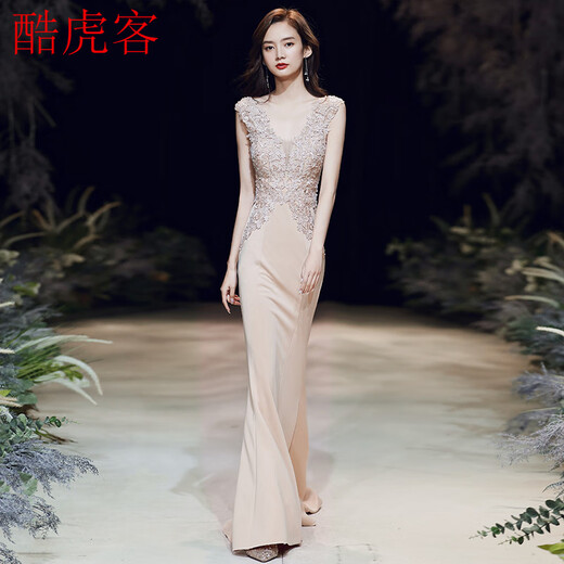 Kuhuke evening dress for women 2022 new high-end temperament slimming 2022 summer banquet aura queen temperament sexy fishtail apricot fishtail long style M