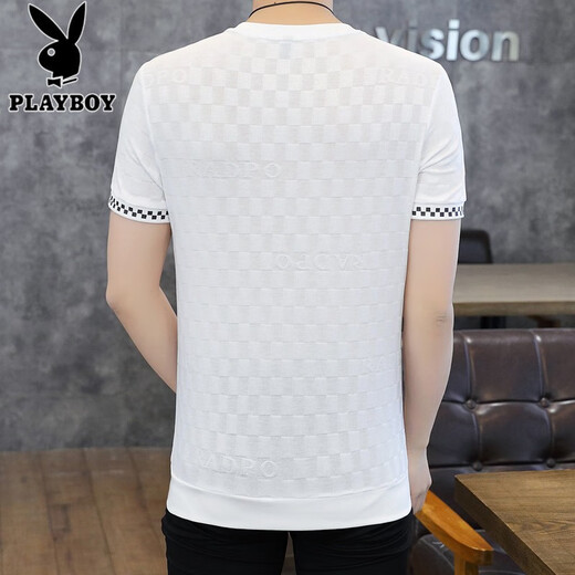 花花公子（PLAYBOY）夏季冰丝短袖t恤男士圆领潮牌高端格子烫钻半袖体恤衫男薄款T 963白色 M