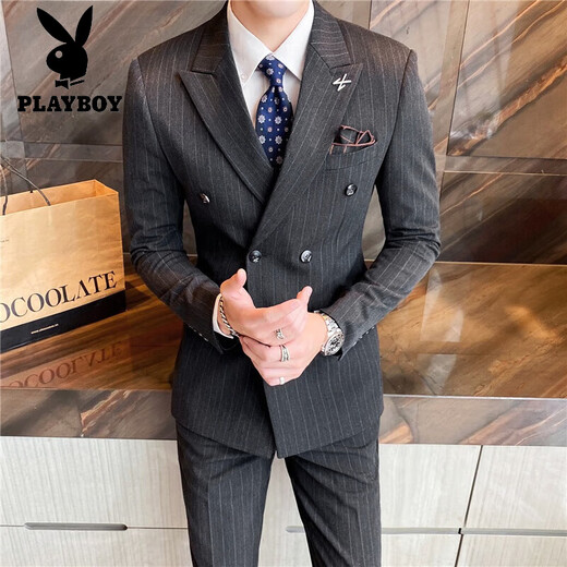 Playboy (PLAYBOY) suit men's double-breasted suit men's three-piece suit slim fit Korean wedding groom's formal dress yuppie handsome brown three-piece suit + trousers + vest XL