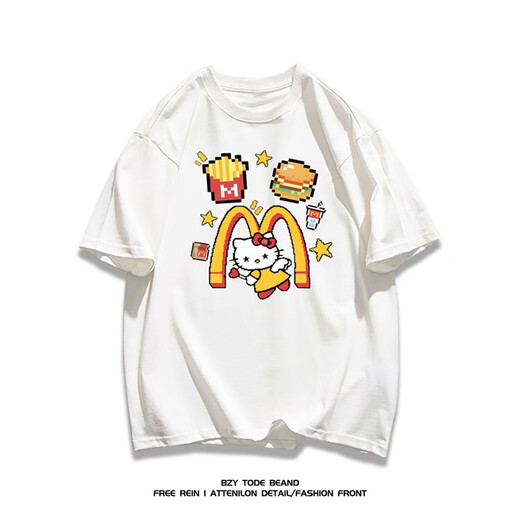 NUKM重磅棉质美式潮牌卡通hellokitty短袖T恤男女夏季休闲时尚上衣ins 纯棉1416薯条凯丽猫白色 M