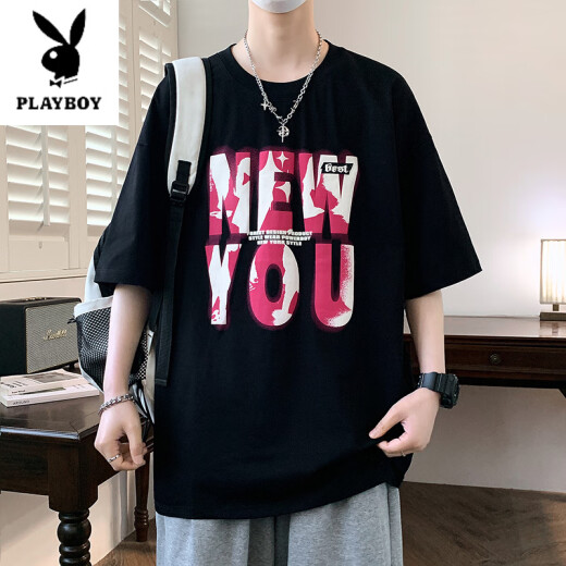 花花公子（PLAYBOY）13青少年短袖t恤男孩12-15岁初中学生帅气宽松半袖14大童夏装上衣 LF5012-粉红色 M 75至105斤