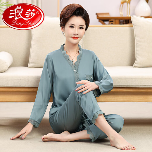 浪莎（LangSha）妈妈睡衣女2025年新款舒适夏季长袖中老年人丝绸家居服套装可外穿 684银色（长款长款） XL 建议105-120斤
