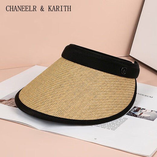 CHANEELR & KARITH防晒帽女夏黑胶草帽空顶遮阳大帽檐太阳帽生日小众礼物送女友老婆 黑卡其 54-59CM（头围）