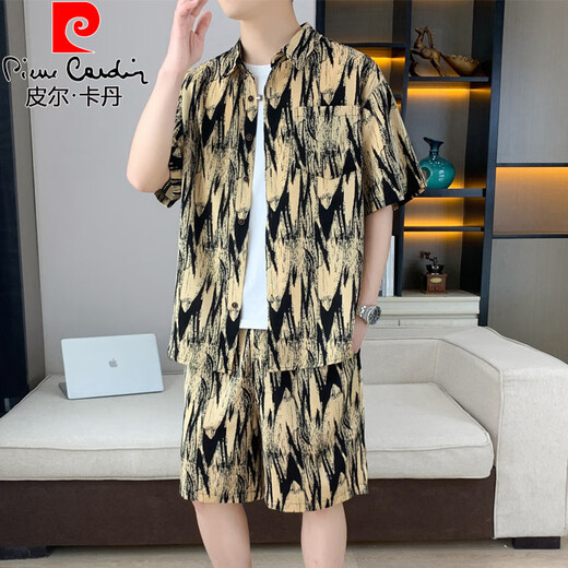 皮尔卡丹（pierre cardin）冰丝短袖衬衫套装男夏薄款海边度假三亚旅游夏威夷沙滩短裤两件套 677灰色套装 M 90-110斤