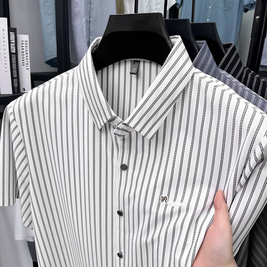 Old man's head (LAORENTOU) short-sleeved striped shirt men's 2025 summer trendy half-sleeved shirt business casual no-solution elastic elastic AN15279 gray XL