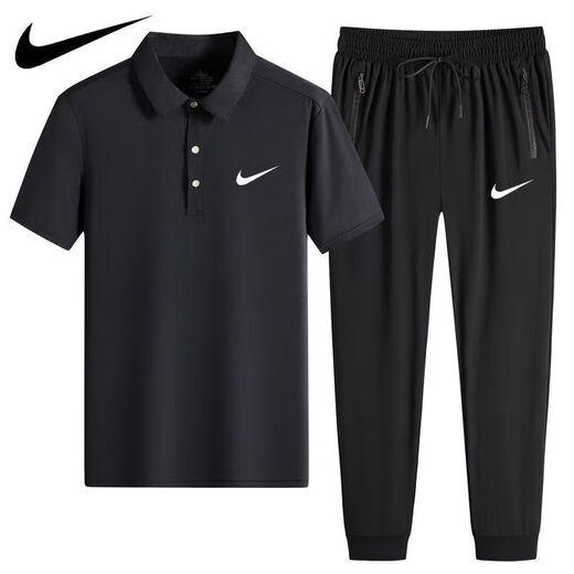 NBA KIDS-NIKE冰丝POLO衫速干休闲运动装短袖T套装薄款翻领男士长裤两件装 耐克-黑色(直筒套装)1396 耐克-XL 100-120斤