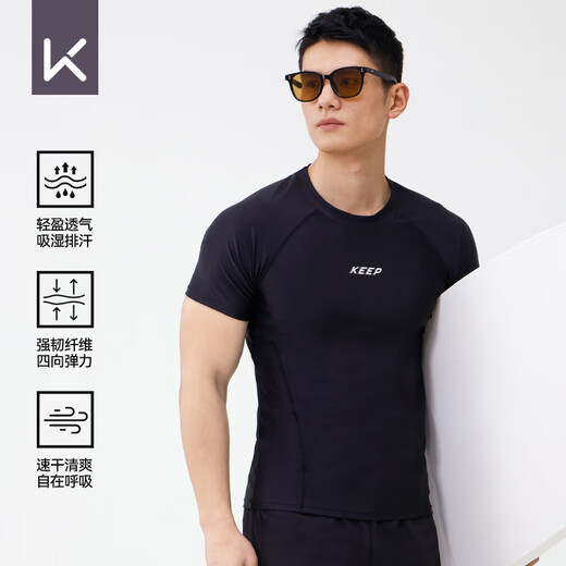 
Keep swimsuit men's hot spring short-sleeved solid color high-elastic swimsuit quick-drying surf suit 1291 black 3XL