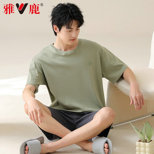 雅鹿男士睡衣男纯棉夏季薄款短袖全棉可外穿休闲大码男生家居服套装 42M13601 3XL 【推荐体重160-180斤】