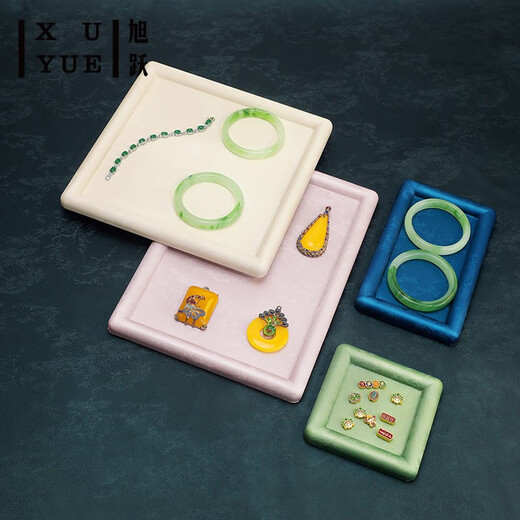 跃念首饰托盘古风花纹皮革黄金翡翠彩宝戒指珠宝展示盘饰品拍摄道具 486-绿色花纹皮革 托盘 12122cm
