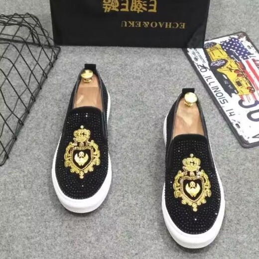 欧洲站单鞋水钻一脚蹬乐福鞋红底板鞋透气休闲鞋精神小伙铆钉鞋子 1315-5黑色 38