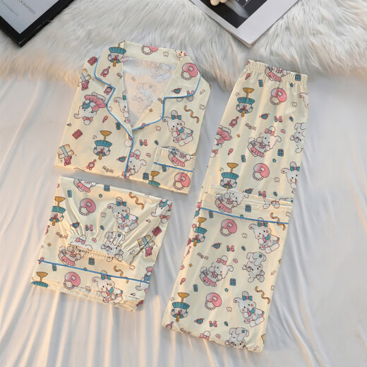 Pajama de primavera y verano de Hanrui para mujeres seda de seda de leche de dibujos animados de tres piezas ropa casera 14118 170 m
