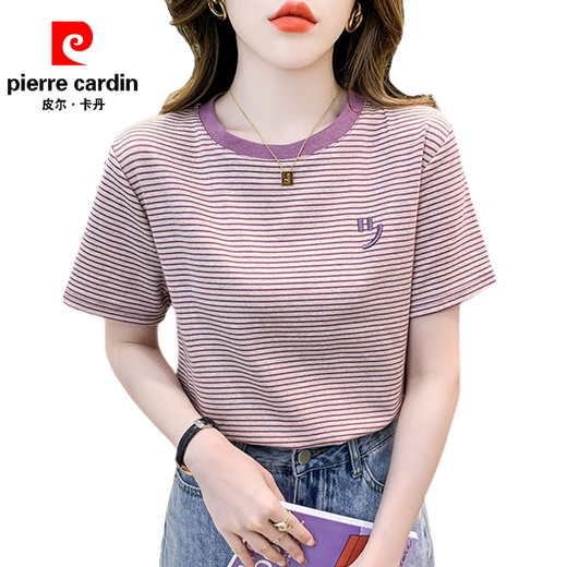 
Pierre cardin striped short-sleeved T-shirt for women loose Korean women's clothing 2025 summer new versatile T-shirt round neck half-sleeved top Red 9928 S Recommended 80-95Jin [Jin equals 0.5 kg]