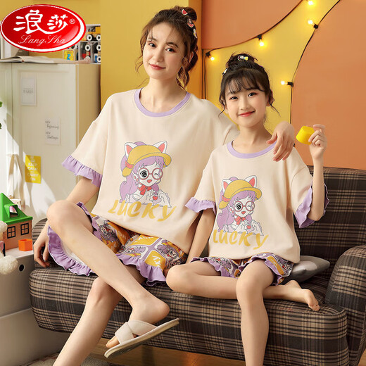 浪莎（LangSha）亲子母女睡衣纯棉夏季薄款短袖可爱卡通网红小女孩女童家居服套装 6624【纯棉 单套的】 M 14码125-135c60斤左右