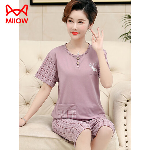猫人（MiiOW）中年妈妈睡衣女夏季薄款纯棉短袖七分裤中老年人家居服加大码套装 乳白色 LM6626【开衫款】 3XL 【建议160-180斤】
