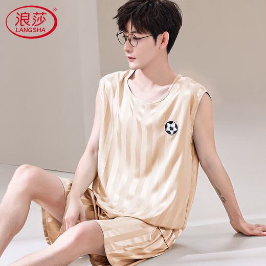 LangSha high-end pajamas men's vest sleeveless shorts two-piece suit summer thin ice silk cool quick-drying ball uniform large size [ice silk sleeveless suit] Q9901 L men [100-125Jin [Jin equals 0.5 kg]]