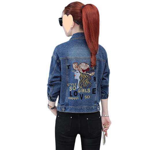 Pushui square denim jacket for women short slim fit and slim 2025 spring and autumn dark blue jacket 9901# embroidered sequin style [blue] S [recommended 80--100Jin [Jin equals 0.5 kg]]