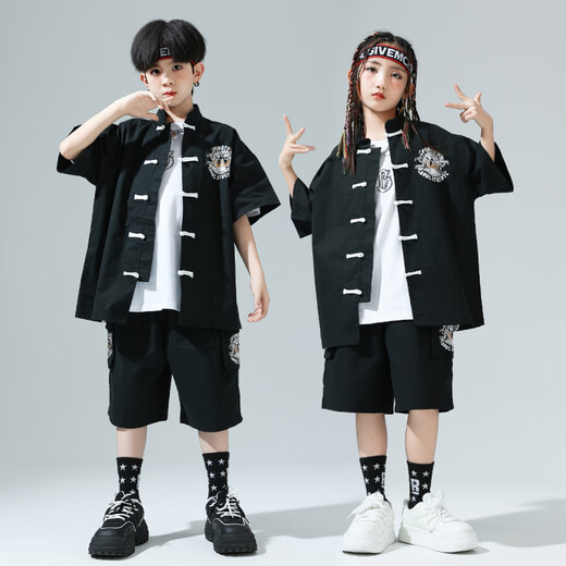 Kamiban Children's Hip-Hop Chinese Style Performance Costumes Child's Child's Childal Cost Boys and Girls New Chinese Street Dance Performance Costumes Trendy 319 Black Cost + 841 White Short Manches 160 cm