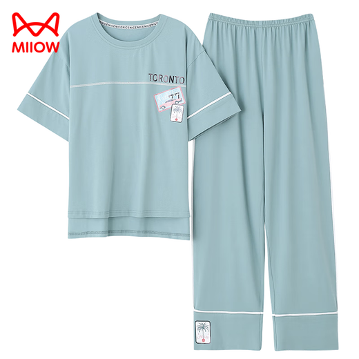 猫人（MiiOW）睡衣女夏季纯棉2025年新款短袖长裤家居服套装可外穿薄款全 7374豆绿 M 80-100斤