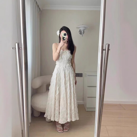 Rongxitu tassel feather dress for women's summer new high-waisted slim super fairy suspender skirt 5009 long S