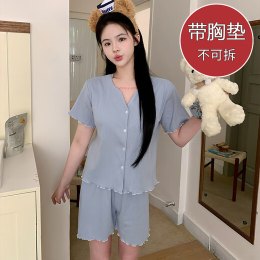 S.SOFEA夏季短袖提花睡衣女公主风薄款两件套装 双短套装DW683蓝花(带胸垫) 175 L(100-120斤)