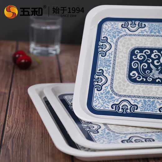 Wuhe (WUHE) household tray rectangular living room water cup tray tea tray Nordic cup tray melamine children's fruit tray blue and white tray (39.5*28.2*2.0 CM)