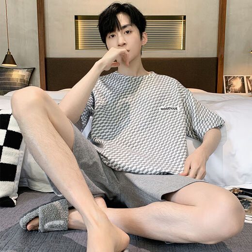 珍韵缘睡衣男夏季莫代尔棉薄款短袖加大码休闲圆领夏天式家居服套装 6198蓝莫代尔套装 均码 L90120斤