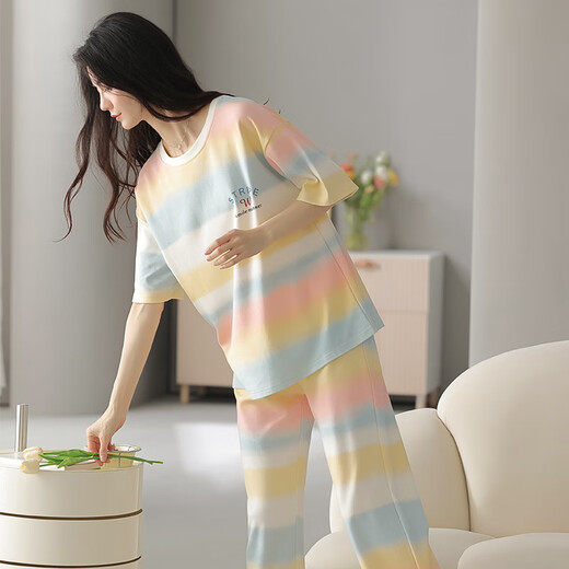 夏季女士短袖睡衣套装纯棉长裤家居服全棉可外穿夏天条纹卡通 Y9720 M (建议75-95斤)