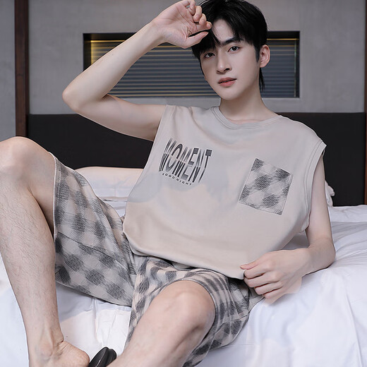 Modal Herren Pyjamas Sommer Baumwollhülsen und Sommer 2025 Neue Weste Plaid Shorts VERSATILE Home Cloding Grey OY655A3 3XL (geeignet für Gewicht 168-195jin [Jin entspricht 0,5 kg]))