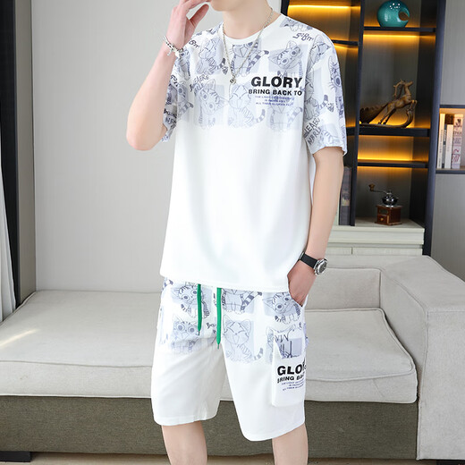 皮尔卡丹（pierre cardin）2025夏季新款短袖套装男青少年百搭短裤休闲运动两件套渐变色男装 6187绿色 2XL
