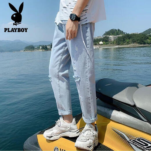 花花公子（PLAYBOY）裤子男学生韩版潮流破洞牛仔裤男宽松直筒夏季薄款九分裤秋季男裤 679/破洞款c M 【收藏优先发货】