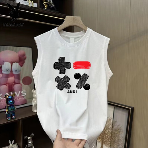 
Playboy American heavyweight vest men's summer Hong Kong style fashion retro casual sports top loose cotton sleeveless T-shirt [6995-AICC] White M 90-110Jin [Jin equals 0.5 kg]