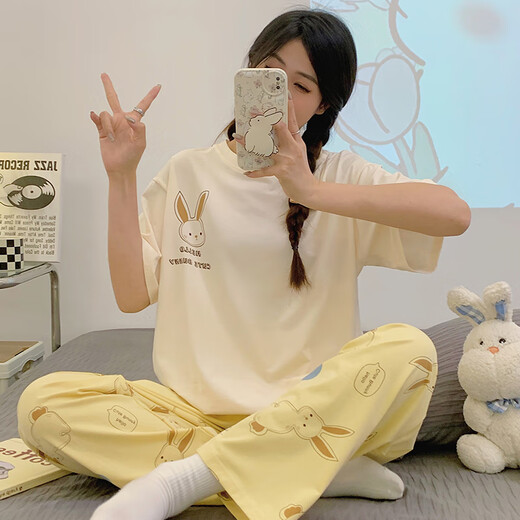 阁系少女睡衣短袖长裤夏季初中学生女孩小兔子大童可爱15动漫13岁 6623#小熊口袋 M 【65-90斤】