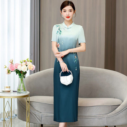 黛娜娅（Dainaya）旗袍女2024春夏季新款中式大码女装中国风日常改良复古连衣裙1585 青碧渐变色 S