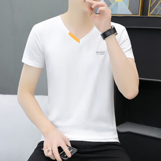 夏季新款男士棉V领半袖T恤潮流休闲小字母印花鸡心领 691 白色 M 90-100斤