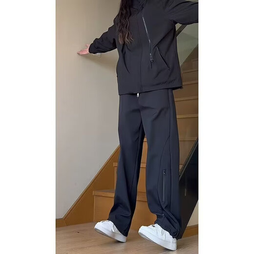 Jacket pants men's trendy brand spring and autumn 2025 new windproof loose straight sports workwear casual large size long pants black XL 120-140Jin Jin equals 0.5 kg