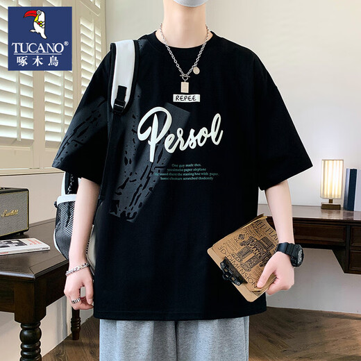 啄木鸟短袖t恤男夏季潮牌字母印花圆领半袖美式休闲棉质落肩袖宽松体恤 693米色 2XL 【建议140-160斤】
